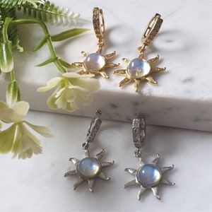 Moonstone Hoop Earrings, Sun Hugie Hoops, Gold/ Silver CZ Earrings