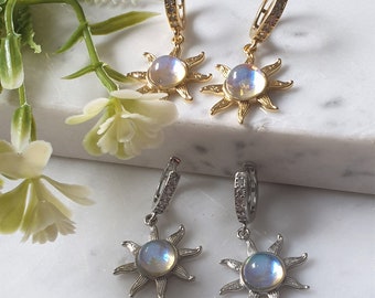 Moonstone Hoop Earrings, Sun Hugie Hoops, Gold/ Silver CZ Earrings