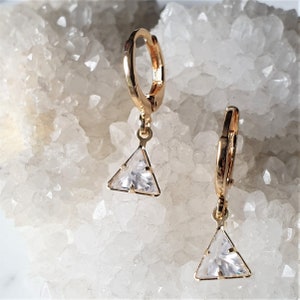 Dainty Huggie Hoops, Gold Plated Huggie Hoop Earrings, Open Bezel Pointed Crystal, Diamond Triangle Pyramid Pendant Hoops
