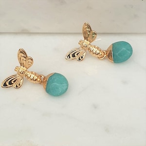 Bee Earrings, 18K Gold Plated Bee Stud Earrings, Natural Gemstone Earrings, Honey Bee Earrings, Queen Bee, Bumble Bee Earring, Bee Jewelry