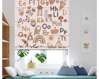 Custom Made Nursery Boho Alphabet  Kid Room Neural Decor Window Roman Shade Curtain or Matching Pillow Case Fabric Supply