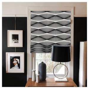 Custom Made Black White Wave Geometries Window Roman Shade Matching Pillow Case Fabric Supply