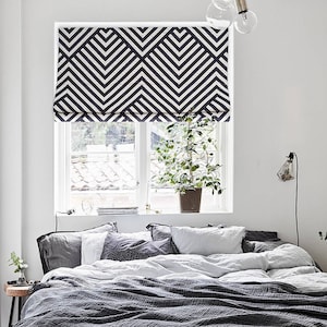 Custom Made Black and White Style Seamless Geometric Lines Linen Window Roman Shade