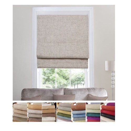 Custom Made Window Roman Shade Upholstery Neutral Cream Beige Ivory Earth Tone Linen Textile Washable Window Curtain