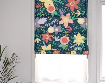 Custom Made Roman Shade, Doodle Flower Nursery Botanical Art, Window Roman Shade Curtain Matching Pillow Case Fabric Supply