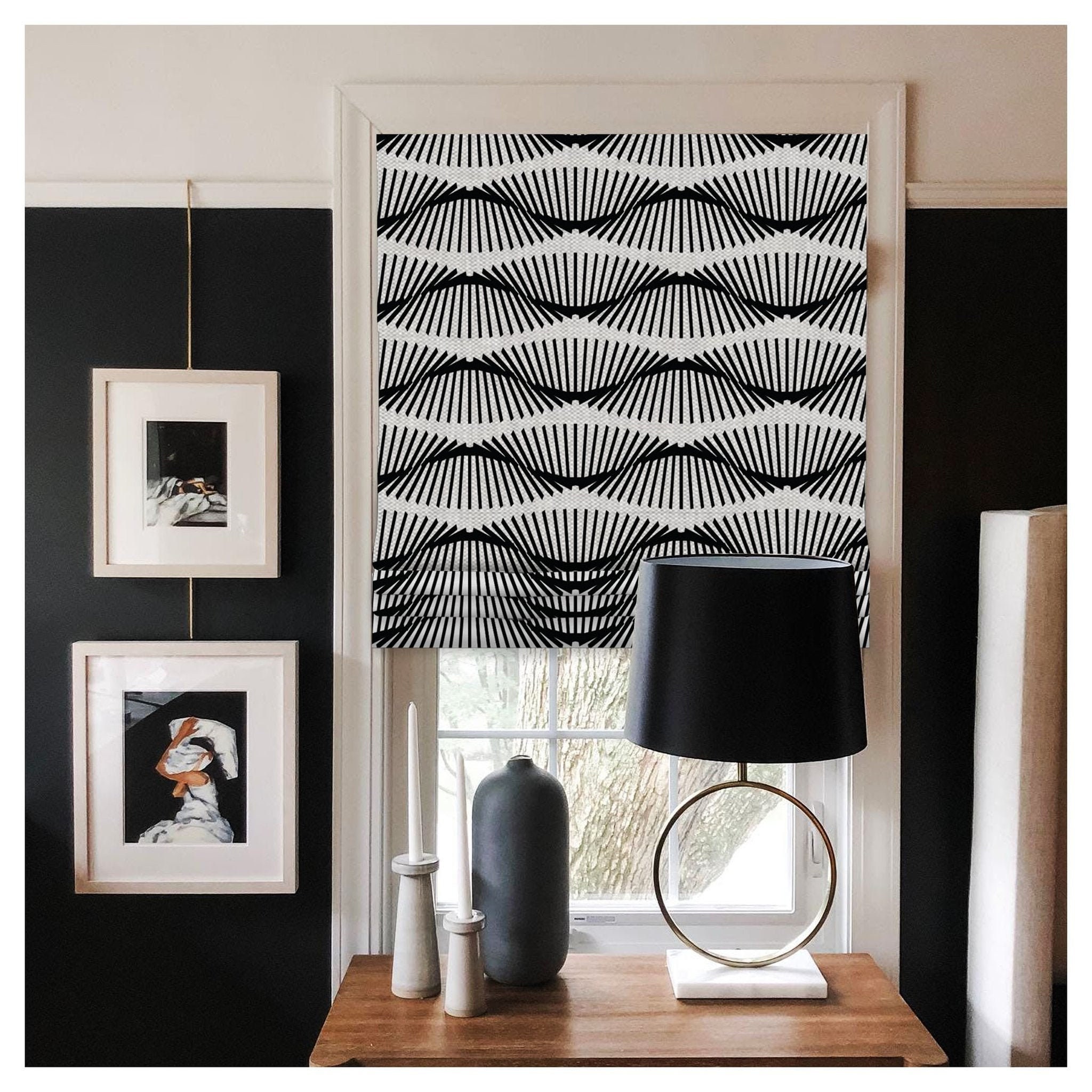 Custom Made Black White Wave Geometries Window Roman Shade Matching