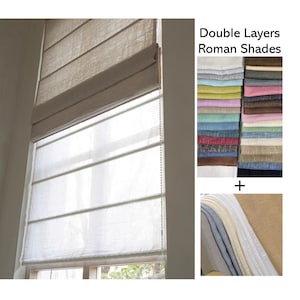 May include: Double Layers Roman Shades with a variety of fabric colors and textures. The image shows a white shade with a beige top layer, and a separate image shows a stack of different fabric swatches.