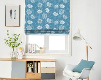 Custom Made Blue Garden Flower Print Window Roman Shade Curtain or Matching Pillow Case Fabric Supply