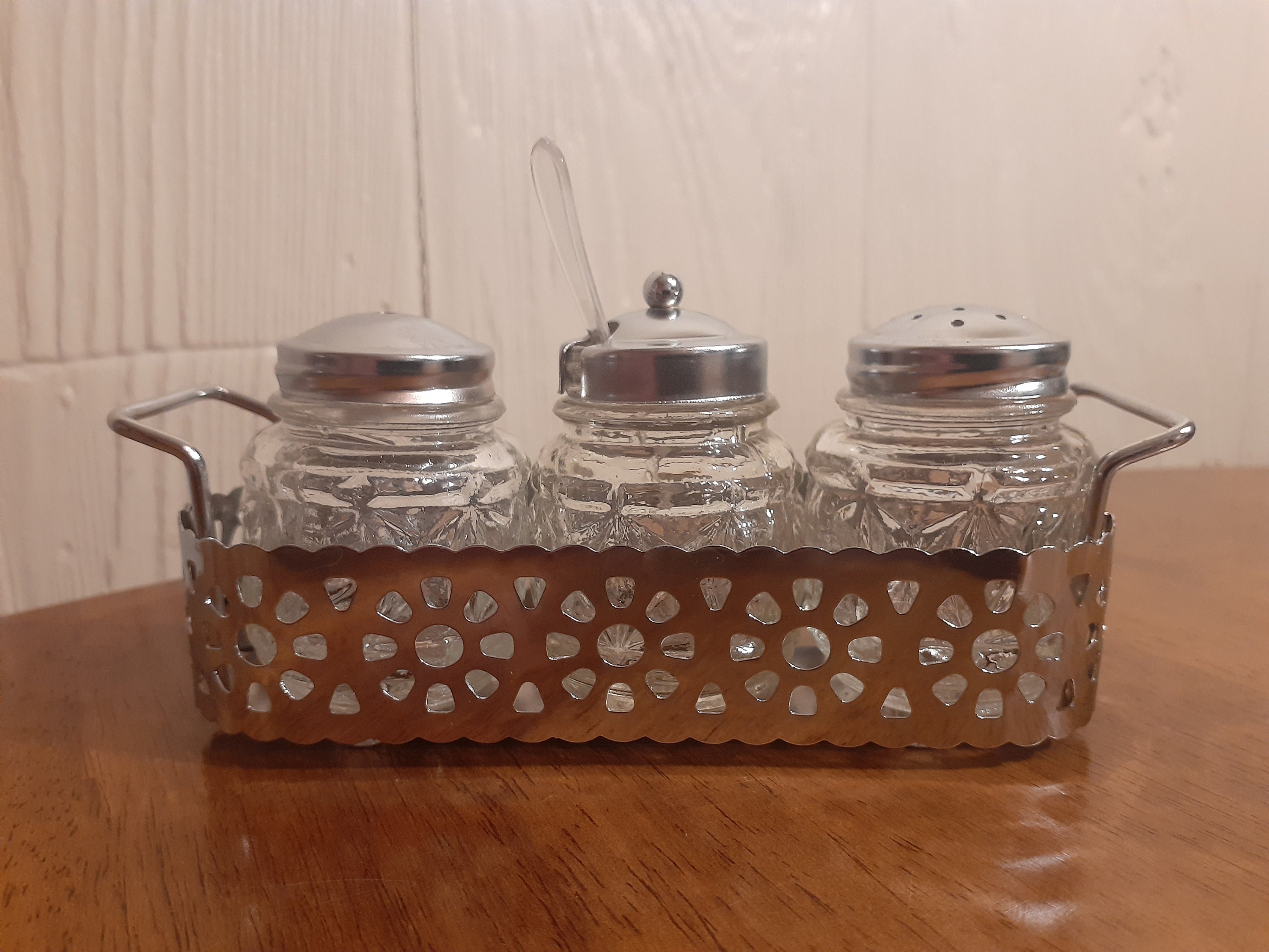 Vintage Condiment Set Caddy with Pressed Glass Pots for Salt Etsy