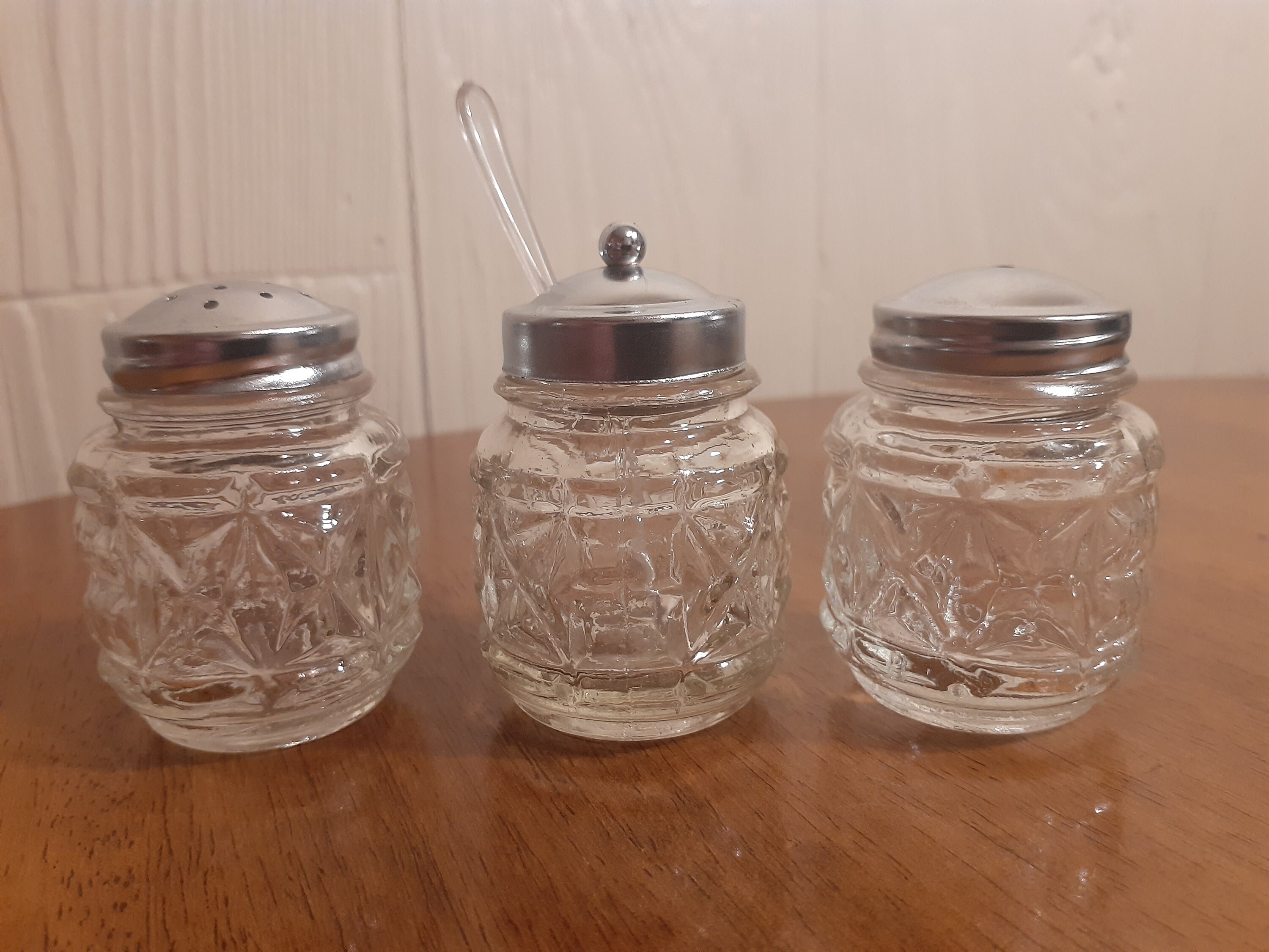 Vintage Condiment Set Caddy with Pressed Glass Pots for Salt Etsy