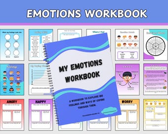 Puede incluir: Un cuaderno de trabajo azul y turquesa titulado "My Emotions Workbook" con el subtítulo "A Workbook to Explore Big Feelings and Ways of Coping Through Them." El cuaderno está abierto para revelar páginas con actividades y ejercicios para explorar las emociones.