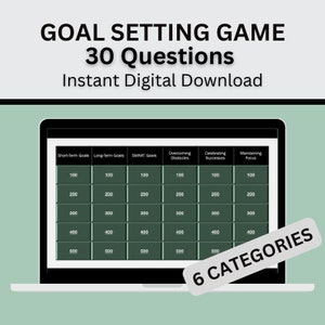 May include: A laptop screen displaying a goal setting game with 30 questions divided into six categories: Short-Term Goals, Long-Term Goals, SMART Goals, Overcoming Obstacles, Celebrating Successes, and Maintaining Focus. The game is presented in a table format with point values ranging from 100 to 600.