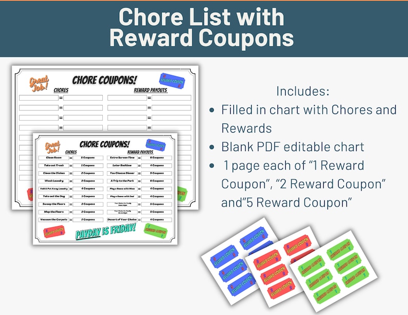 Editable Chore Chart | Chore Chart Printable | Reward Coupons | Kids and Teens Chore and ...