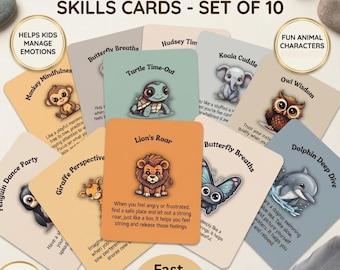 May include: Set of 10 Kids Animal Coping Skills Cards featuring fun animal characters. Each card has a different animal with a coping skill. The cards include text such as "Lion's Roar" and "Butterfly Breaths".