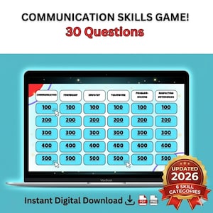 May include: A laptop screen displays a communication skills game with 30 questions. The game features categories like communication, friendship, and teamwork, with point values from 100 to 500. The image includes the text "Instant Digital Download" and "Updated 2026".