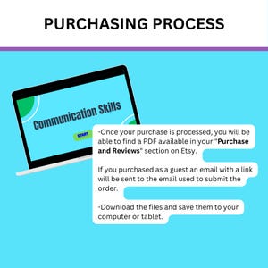 Puede incluir: Gr&aacute;fico digital con el texto "PURCHASING PROCESS" en la parte superior. Un port&aacute;til muestra "Communication Skills" en la pantalla. Se proporcionan instrucciones sobre c&oacute;mo acceder a los archivos digitales comprados.