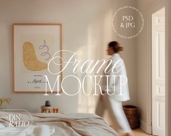 Scandi Bedroom Frame Mockup with Person, DIN Ratio (PSD, JPG)