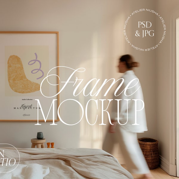 Frame Mockup with Person, Frame Mockup Bedroom Scandi , DIN Ratio, PSD Photoshop Photopea Mockup, Modern Midcentury Home Interior Minimal
