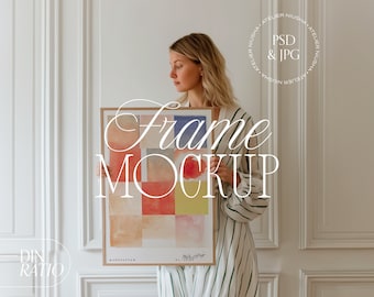 Scandi Bedroom Frame Mockup with Person, DIN Ratio (PSD Photoshop Photopea Mockup)