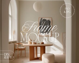Frame Mockup in Living Room, Frame Mockup Table Scandi , DIN Ratio, PSD Photoshop Photopea Mockup, Modern Midcentury Home Interior Minimal