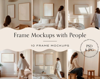 May include: A composite image showcasing frame mockups with people in various interior settings. The text "Frame Mockups with People" and "10 Frame Mockups" are displayed. The image also includes the text "PSD & JPG" and the brand name "ATELIER NIUSHA".