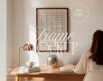 Frame Mockup with Person, Frame Mockup Table Office Scandi , DIN Ratio, PSD Photoshop Photopea Mockup, Person at Desk Frame Mockup Female