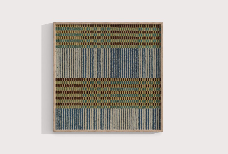 K&ouml;nnte beinhalten: Ein gerahmtes Wandbild mit einem geometrischen Muster in Blaut&ouml;nen, Gr&uuml;n, Gelb und Braun. Das Muster besteht aus vertikalen und horizontalen Linien.