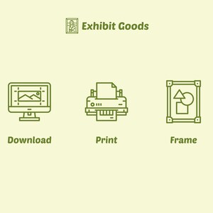 K&ouml;nnte beinhalten: Illustration von drei Schritten zur Erstellung von Kunstwerken: Herunterladen, Drucken und Einrahmen. Das Download-Symbol zeigt einen Computerbildschirm mit einem Bild darauf. Das Drucksymbol zeigt einen Drucker mit einem Blatt Papier, das aus ihm herauskommt. Das Rahmensymbol zeigt einen Bilderrahmen mit einem Dreieck, einem Kreis und einem Quadrat darin.