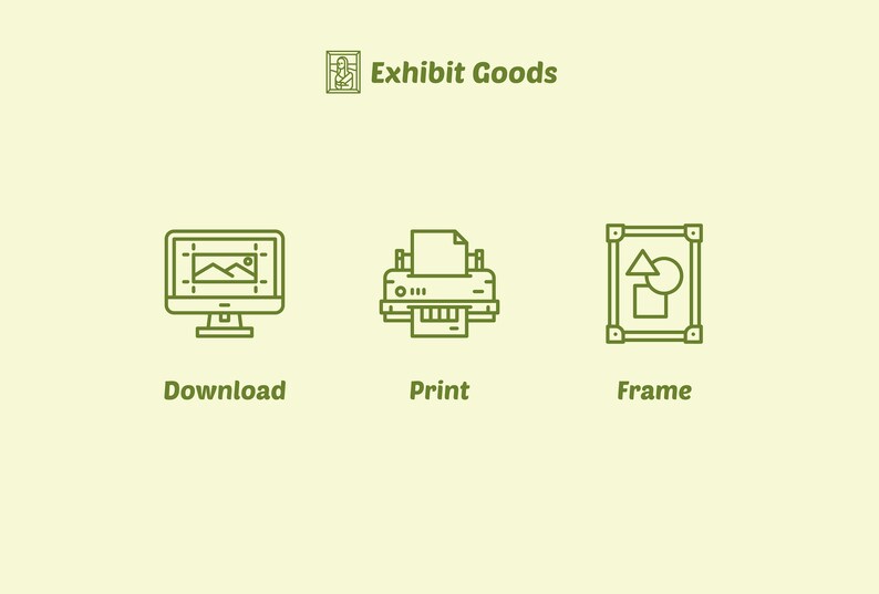 K&ouml;nnte beinhalten: Illustration von drei Schritten zur Erstellung von Kunstwerken: Herunterladen, Drucken und Einrahmen. Das Download-Symbol zeigt einen Computerbildschirm mit einem Bild darauf. Das Drucksymbol zeigt einen Drucker mit einem Blatt Papier, das aus ihm herauskommt. Das Rahmensymbol zeigt einen Bilderrahmen mit einem Dreieck, einem Kreis und einem Quadrat darin.