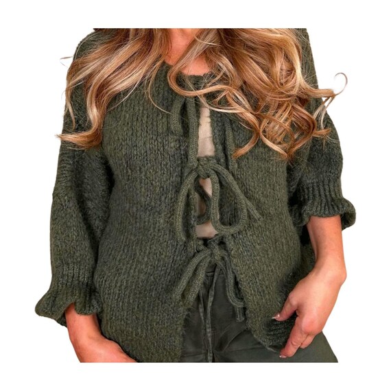 Khaki Fluffy Soft Oversized Puff Sleeve Soft Ladies Bow Tie