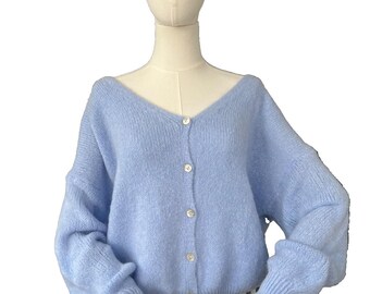 Cárdigan de manga larga con cuello en V, mezcla de alpaca - azul claro, talla única