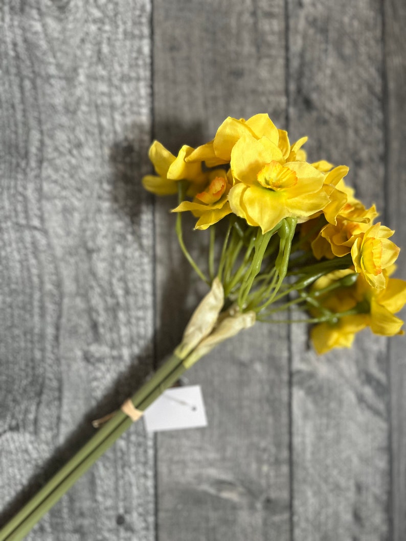 May include: A bouquet of yellow daffodils with green stems. The flowers are arranged in a cluster and have a delicate, papery texture.
