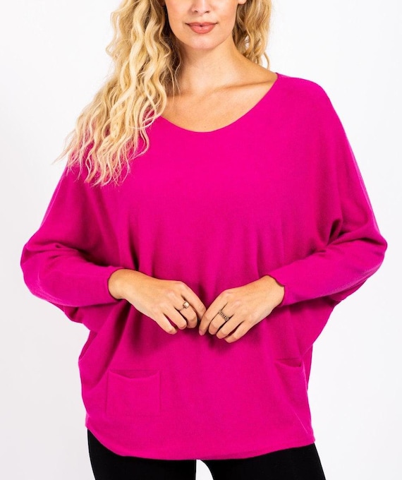 Italian Soft Knit Batwing Sleeve Fuchsia Jumper With Pockets UK