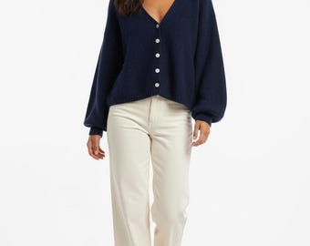 Navy v-neck mohair cardigan with buttons