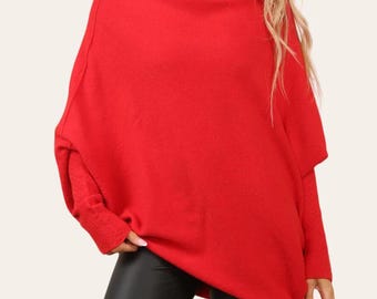 Maglione rosso asimmetrico a maglia fine con maniche a pipistrello