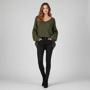 Khaki fluffy soft  v neck oversized mohair soft ladies jumper