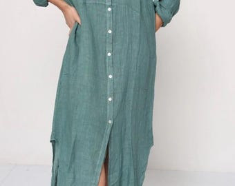 Vestido largo de lino, fabricado en Italia, color azul pato.
