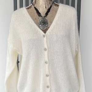 Off white / cream mohair mix knit v-neck cardigan with buttons