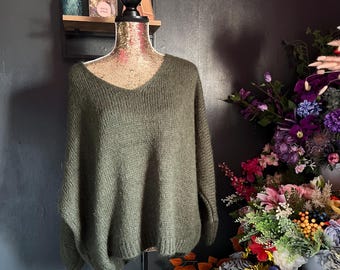 Khaki fluffy soft  v neck oversized mohair soft ladies jumper