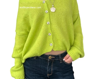 Fuzzy Neon Green Long Cardigan Summer Slouchy Mohair V-neck