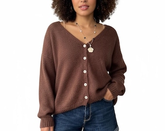 チョコレートブラウンのモヘアVネックカーディガン - Etsy 日本