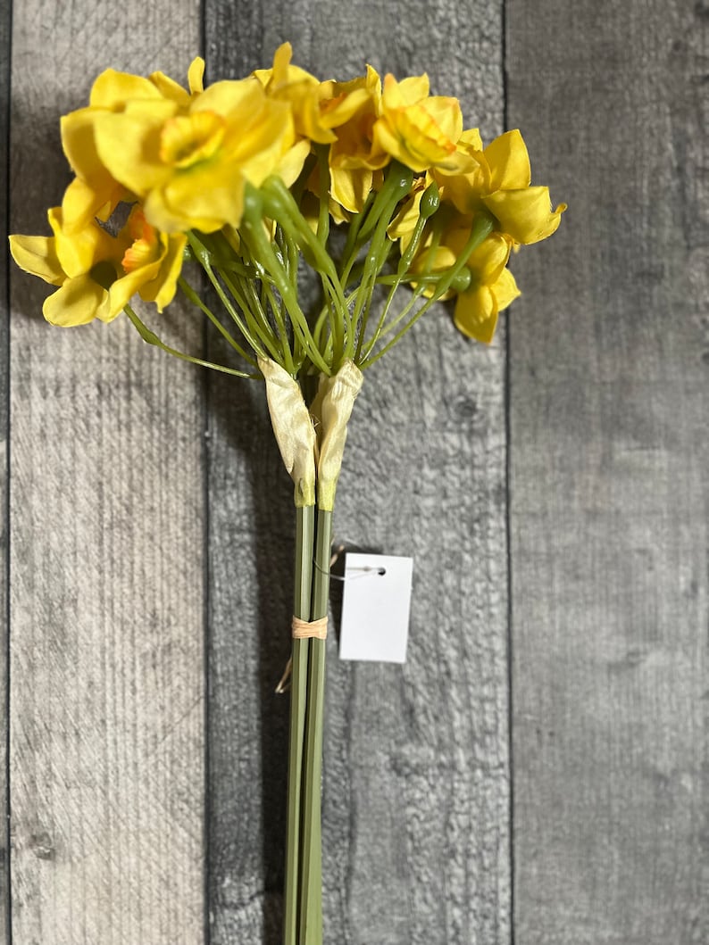 May include: A bouquet of yellow daffodils with green stems tied together with a brown ribbon. The flowers are arranged in a cluster and have a natural, rustic look.