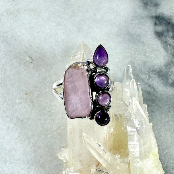 Pink Kunzite and Amethyst 925 Sterling Silver Ring, Gemstone Rings, Silver Jewellery, Amethyst Jewelry, Pink Kunzite Ring