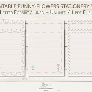 Funny Flowers Stationery Set Printable / Digital Download / Letter Size / Unlined + Lined / Instant download/ Writing Paper
