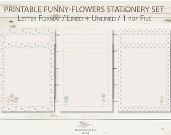 Funny Flowers Stationery Set Printable / Digital Download / Letter Size / Unlined + Lined / Instant download/ Writing Paper