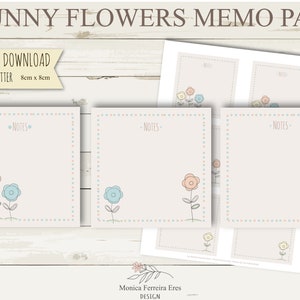 Puede incluir: Tres plantillas de bloc de notas imprimibles con un fondo rosa claro, un borde punteado y un diseño floral. Cada plantilla tiene la palabra "NOTES" en la parte superior y un diseño floral simple con tres flores en colores pastel. Las plantillas miden 8 cm x 8 cm.