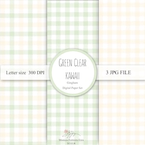 Puede incluir: Un conjunto de papeles digitales con tres patrones de cuadros vichy verdes y crema. El texto "GREEN CLEAR KAWAII Gingham Digital Paper Set" está en un círculo en la imagen. El texto "Letter size 300 DPI" está en el lado izquierdo de la imagen. El texto "3 JPG FILE" está en el lado derecho de la imagen.