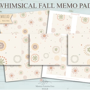 Puede incluir: Un bloc de notas imprimible con un tema de otoño caprichoso. El diseño presenta un fondo beige con un patrón repetitivo de flores estilizadas en tonos de rosa, verde y amarillo. El bloc de notas mide 8 cm x 8 cm y está disponible para descarga instantánea como archivo PDF.