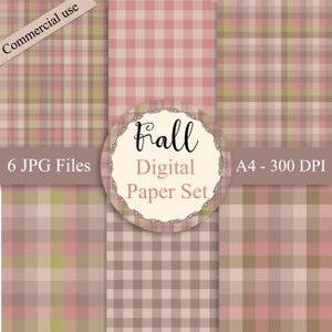 Puede incluir: Conjunto de seis patrones de papel digital con un diseño a cuadros en tonos de rosa, marrón y verde. El texto "fall Digital Paper Set" se muestra en un círculo.