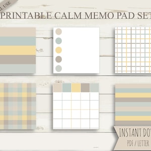 May include: Printable memo pad set with a calming color scheme of beige, light blue, and yellow. The set includes a blank notepad, a grid notepad, a checklist notepad, and two patterned notepads. The notepads are 8cm x 8cm and are available for instant download as a PDF.